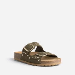 Mule TEXTO anatomique kaki en cuir velours éco-conçu à clous