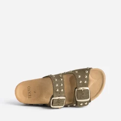 Mule TEXTO anatomique kaki en cuir velours éco-conçu à clous