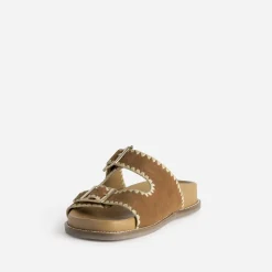 Mule TEXTO camel cuir velours brodé
