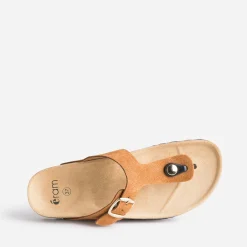 Mule-tong anatomique camel foncé en cuir velours éco-conçu