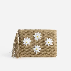 Pochette beige paille papier détails fleurs