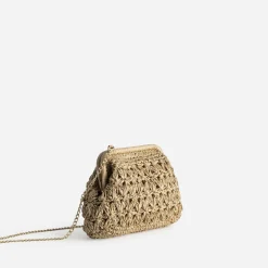 Pochette minaudière beige façon raphia tressé