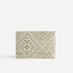 Portefeuille écru tressage kaki et doré