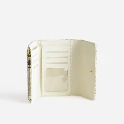 Portefeuille écru tressage kaki et doré