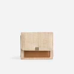 Porte-monnaie beige tressé et camel