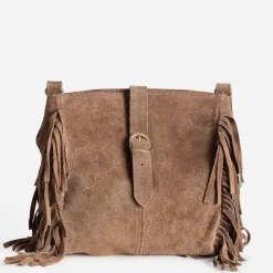 Sac à main TEXTO taupe cuir velours à franges