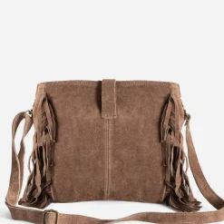 Sac à main TEXTO taupe cuir velours à franges