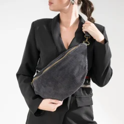 Sac banane gris velours côtelé