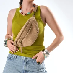 Sac banane TEXTO beige cuir velours