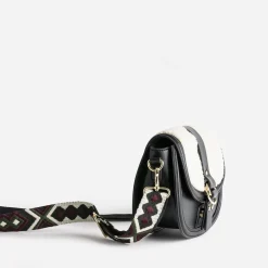 Sac besace TEXTO noir avec rabat tissu Sherpa