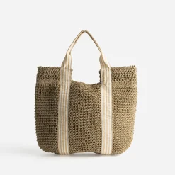 Sac cabas beige paille papier anses rayées