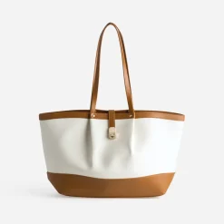 Sac cabas beige toile bi-matière cognac