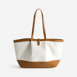 Sac cabas beige toile bi-matière cognac