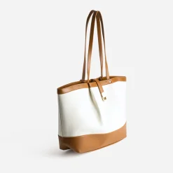 Sac cabas beige toile bi-matière cognac