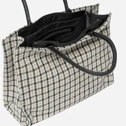 Sac cabas TEXTO beige, écru et noir à carreaux