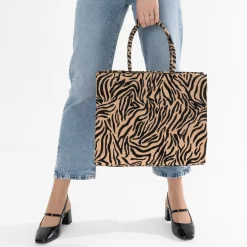 Sac cabas TEXTO beige foncé à motif zébré