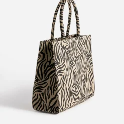 Sac cabas TEXTO beige foncé à motif zébré