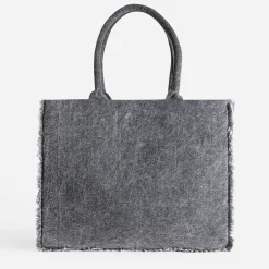 Sac cabas TEXTO gris effet denim frangé