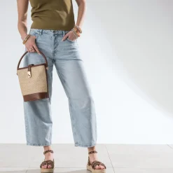 Sac seau beige paille papier et camel