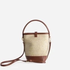 Sac seau beige paille papier et camel