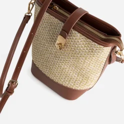 Sac seau beige paille papier et camel