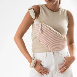 Sac-banane rose corail toile motif rayures