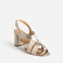 Sandale à talon beige en cuir