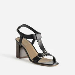 Sandale à talon noir cuir bride en T