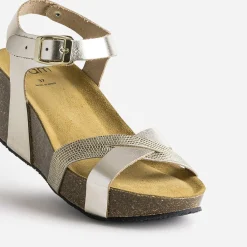 Sandale anatomique compensée dorée en cuir éco-conçu