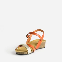 Sandale anatomique orange et dorée en cuir