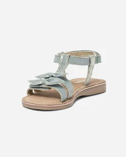 Sandale bleu et argent en cuir velours avec nœuds