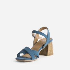Sandale bleue cuir velours à talon