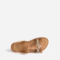 Sandale BUGGY camel cuir décor plumes