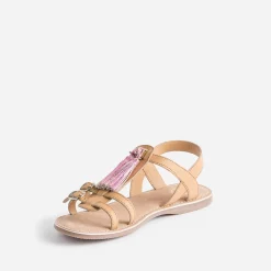 Sandale BUGGY camel en cuir avec pompons