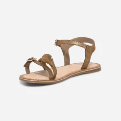 Sandale camel en cuir métallisé avec feuilles