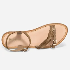 Sandale camel en cuir métallisé avec feuilles