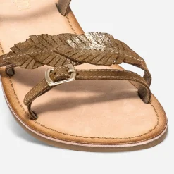 Sandale camel en cuir métallisé avec feuilles