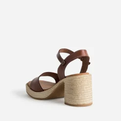 Sandale cognac cuir talon effet corde