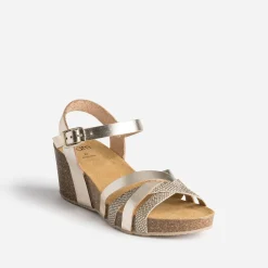 Sandale compensée anatomique dorée en cuir