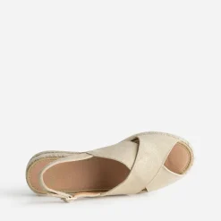 Sandale compensée beige doré cuir velours
