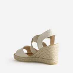 Sandale compensée beige dorée textile en cuir éco-conçu