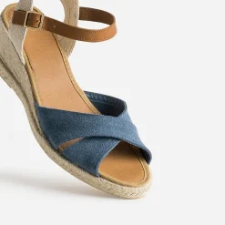 Sandale compensée bleu cuir velours éco-conçu