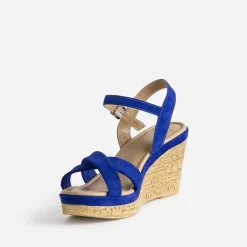 Sandale compensée bleu roi cuir velours