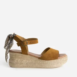 Sandale compensée camel cuir velours éco-conçu