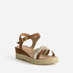 Sandale compensée camel en cuir velours