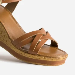 Sandale compensée camel en cuir