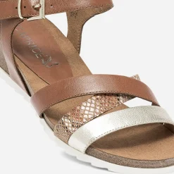 Sandale compensée CAPRICE cognac et doré en cuir