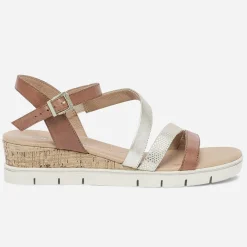 Sandale compensée CAPRICE cognac et or en cuir