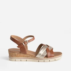 Sandale compensée CAPRICE camel et doré cuir
