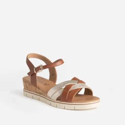 Sandale compensée CAPRICE camel et doré cuir